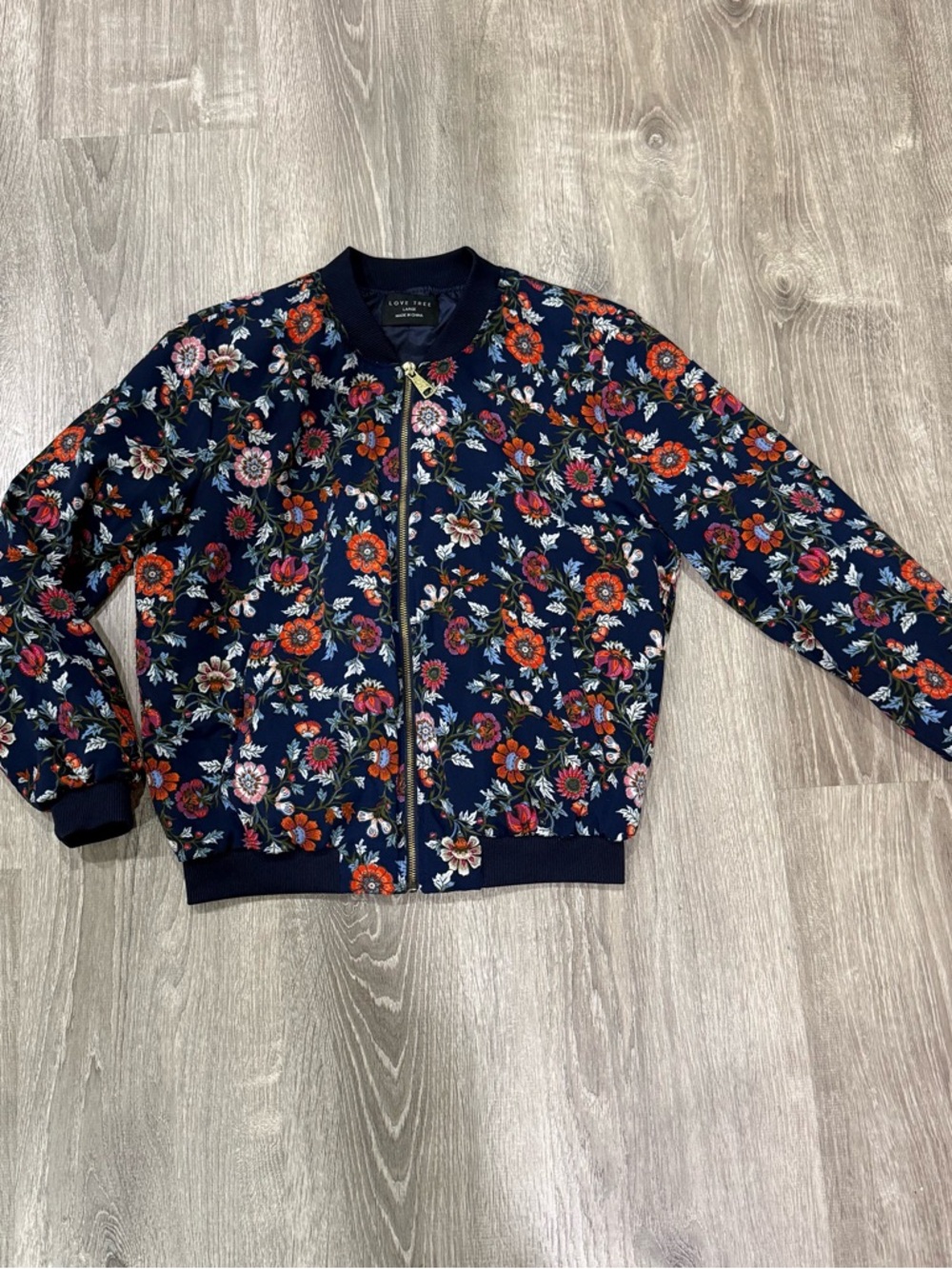 Love tree Size large Floral Bomber Jacket - Navy with Multicolor Flowers